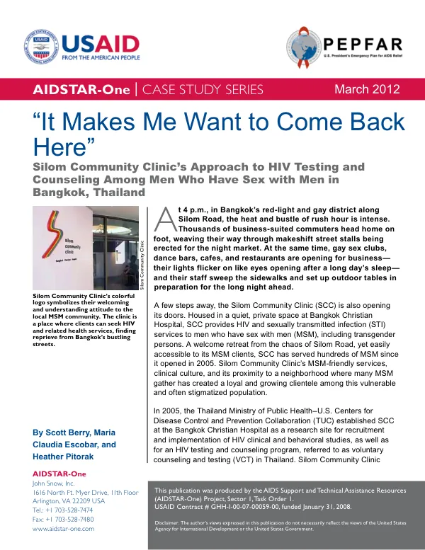 “It Makes Me Want to Come Back Here”: Silom Community Clinic’s Approach to HTC among MSM in Thailand