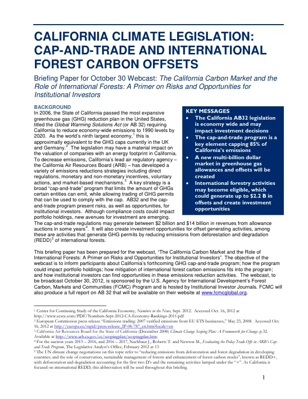 California Climate Legislation: Cap-and-Trade and International Forest Carbon Offsets