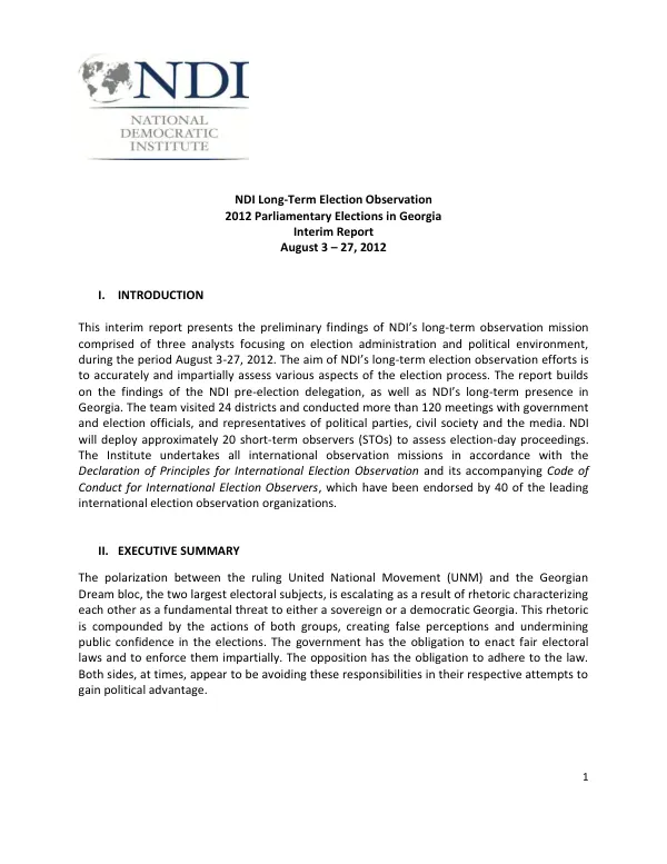 NDI long-term election observation : 2012 parliamentary elections in Georgia : interim report, August 3-27, 2012