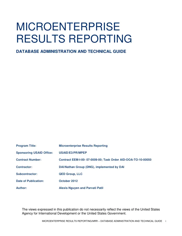 Microenterprise Results Reporting Database Administration and Technical Guide