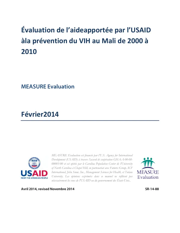 Evaluation de l'aide apportee par l'USAID ala prevention du VIH au Mali de 2000 a 2010