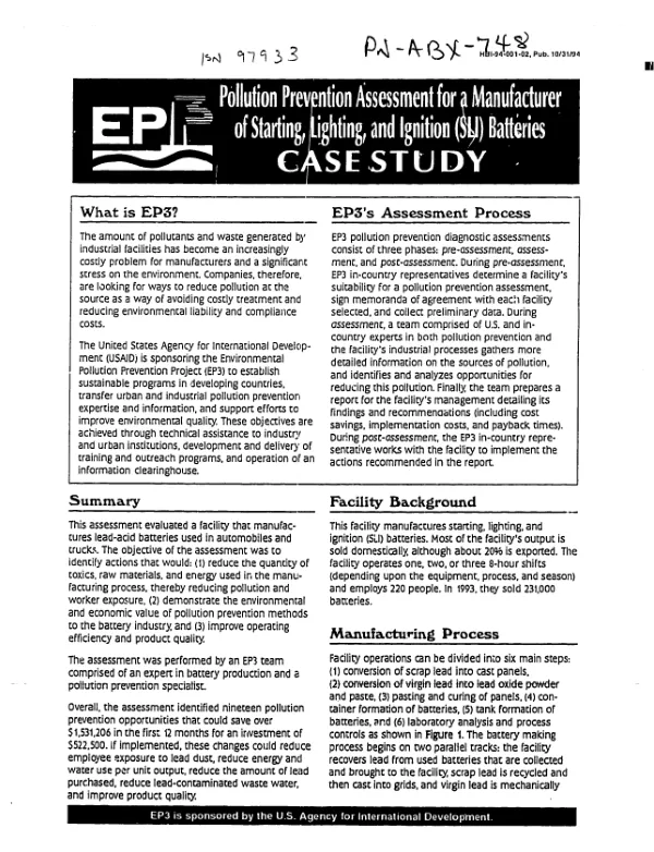Pollution prevention assessment for a manufacturer of starting, lighting, and ignition (SLI) batteries