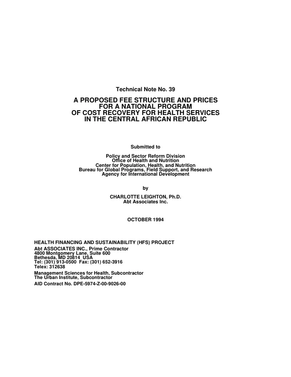 Proposed fee structure and prices for a national program of cost recovery for health services in the Central African Republic