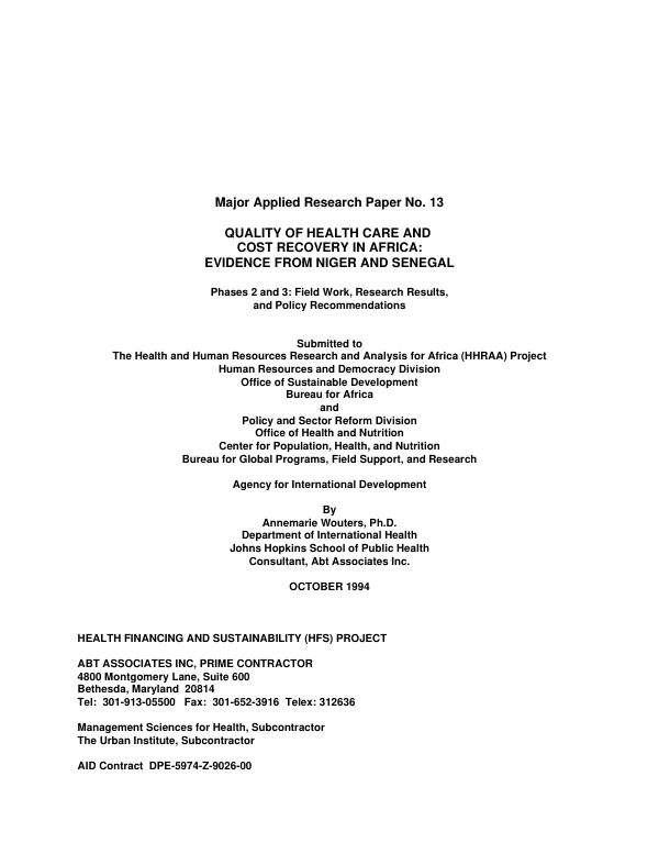 Quality of health care and cost recovery in Africa : evidence from Niger and Senegal -- phase 2 and 3 : field work, research results, and policy recommendations