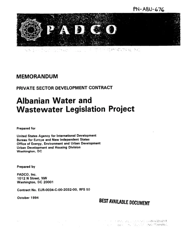 Memorandum : private sector development contract -- Albanian water and wastewater legislation project