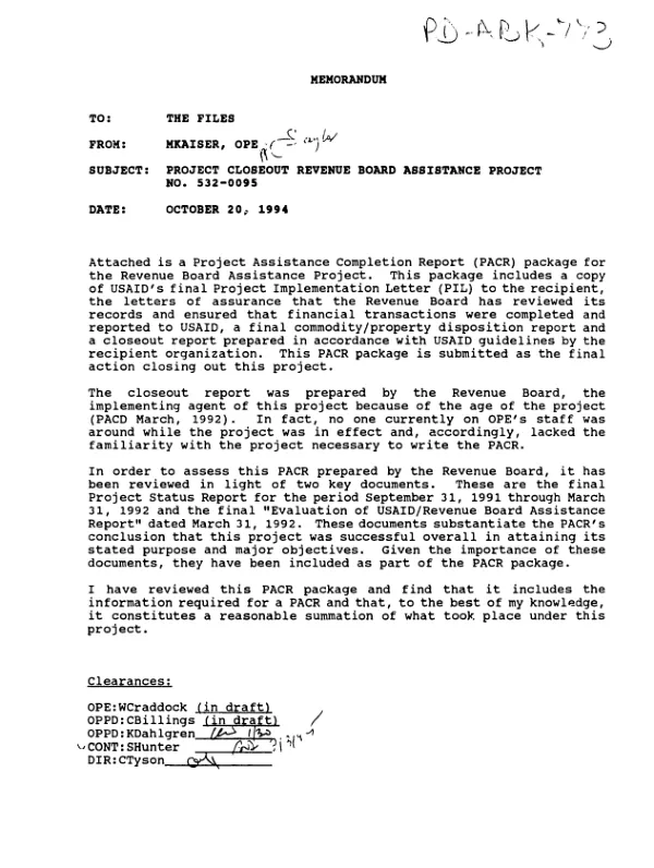 Project assistance completion report [: The Revenue Board assistance project]