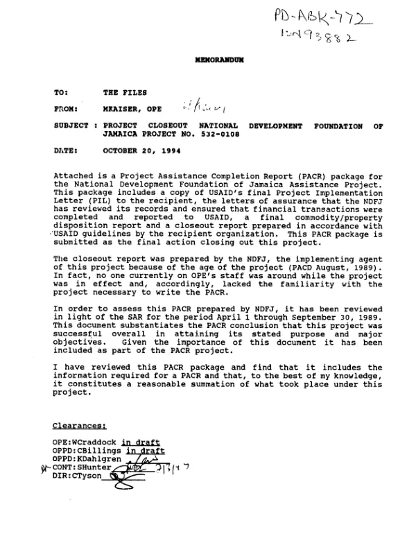 National Development Foundation of Jamaica : USAID/NDF/J project completion report -- project 532-0108