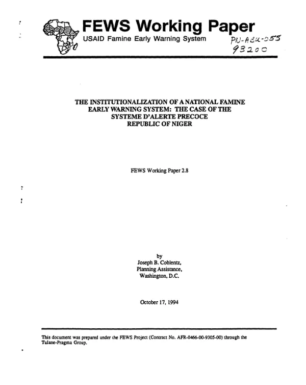 Institutionalization of a national famine early warning system : the case of the Systeme d"Alerte Precoce [SAP], Republic of Niger