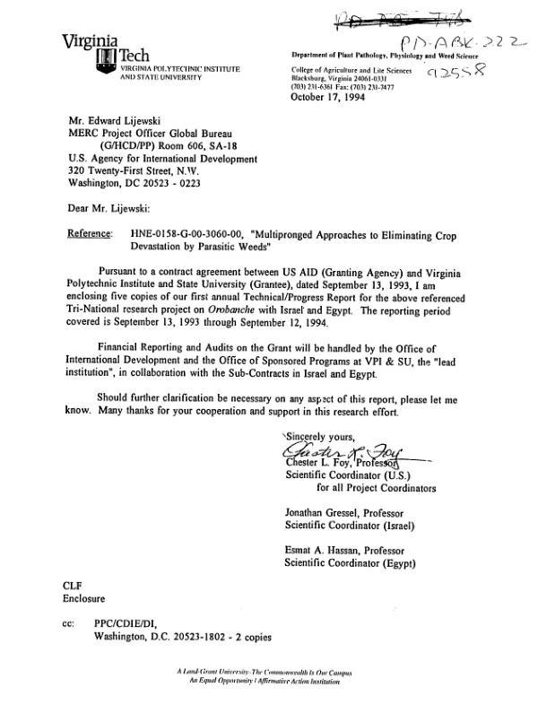 HNE-0158-G-00-3060-00 : multipronged approaches to eliminating crop devastation by parasitic weeds -- annual technical/progress report, September 13, 1993-September 12, 1994