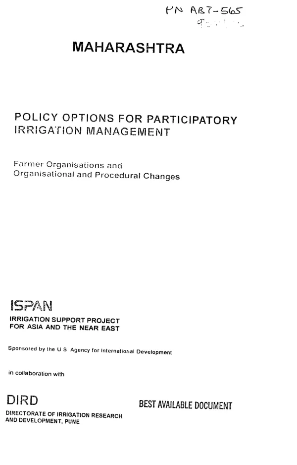 Maharashtra : policy options for participatory irrigation management -- farmer organisations and organisational and procedural changes