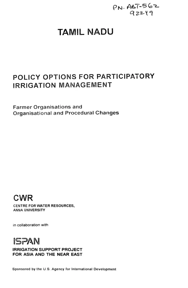 Tamil Nadu : policy options for participatory irrigation management -- farmer organisations and organisational and procedural changes