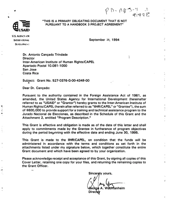 AID grant no. 527-0376-G-00-4348-00 to Inter-American Institute of Human Rights/CAPEL to provide support for a training and technical assistance program to the Jurado Nacional de Elecciones