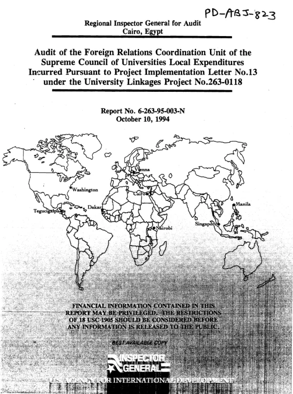 Audit of the Foreign Relations Coordination Unit of the Supreme Council of Universities local expenditures incurred pursuant to project implementation letter no. 13 under the university linkages project no. 263-0118