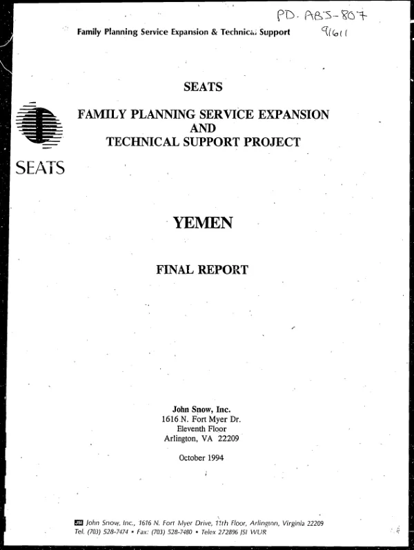 SEATS family planning service expansion and technical support project : Yemen -- final report