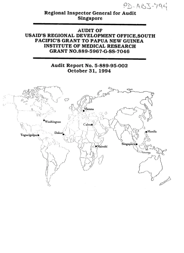 Audit of USAID"s Regional Development Office, South Pacific"s grant to Papua New Guinea Institute of Medical Research -- grant no. 889-5967-G-SS-7046[-00]