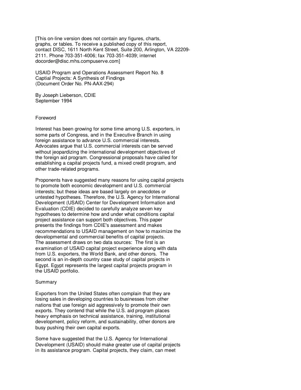Using capital projects to promote economic development and US commercial interests : a synthesis of findings