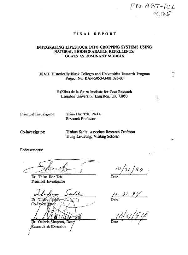 Final report : integrating livestock into cropping systems using natural biodegradable repellents -- goats as ruminant models