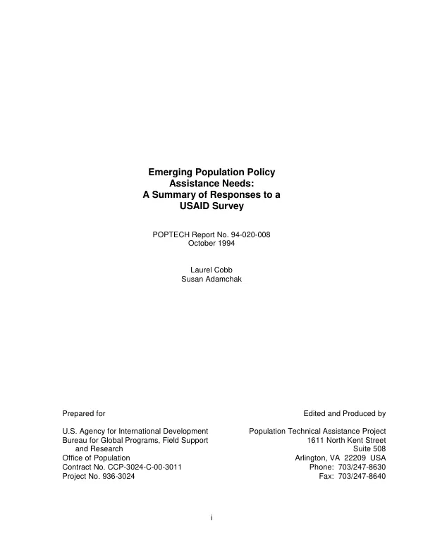 Emerging population policy assistance needs : a summary of responses to a USAID survey