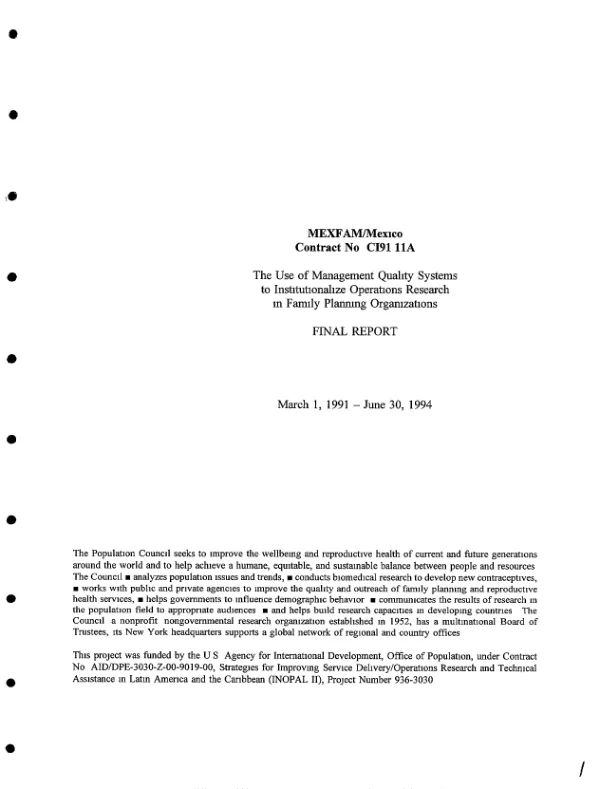 Use of management quality systems to institutionalize operations research in family planning organizations : final technical report -- March 1, 1991-June 30, 1994