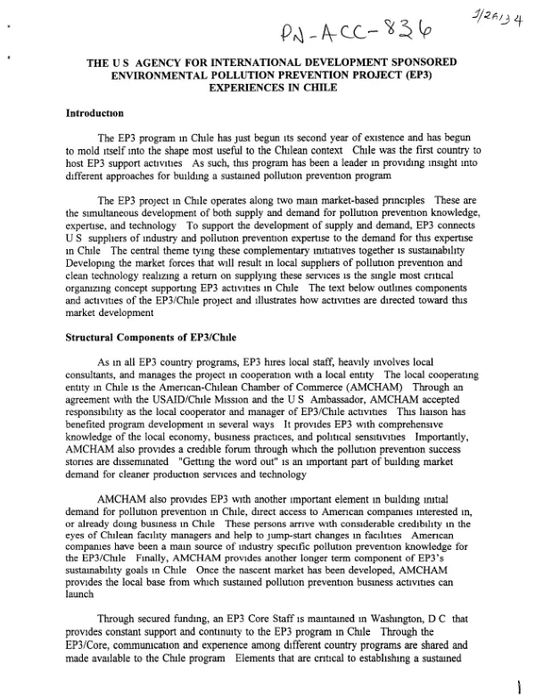 U.S. Agency for International Development sponsored environmental pollution prevention project (EP3) : experiences in Chile