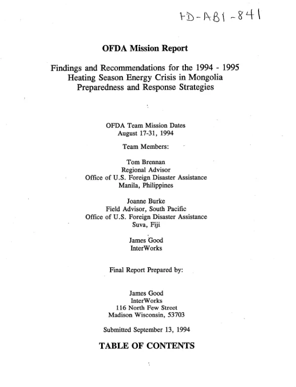 OFDA mission report : findings and recommendations for the 1994 - 1995 heating and season energy crisis in Mongolia preparedness and response strategies