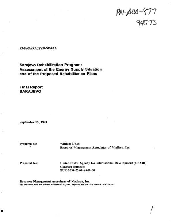 Sarajevo rehabilitation program : assessment of the energy supply situation and of the proposed rehabilitation plans -- final report