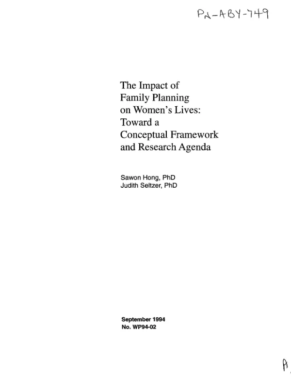 Impact of family planning on women"s lives : toward a conceptual framework and research agenda