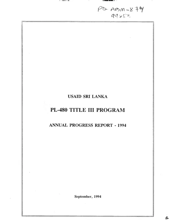 USAID Sri Lanka : PL-480 Title III program -- annual progress report - 1994