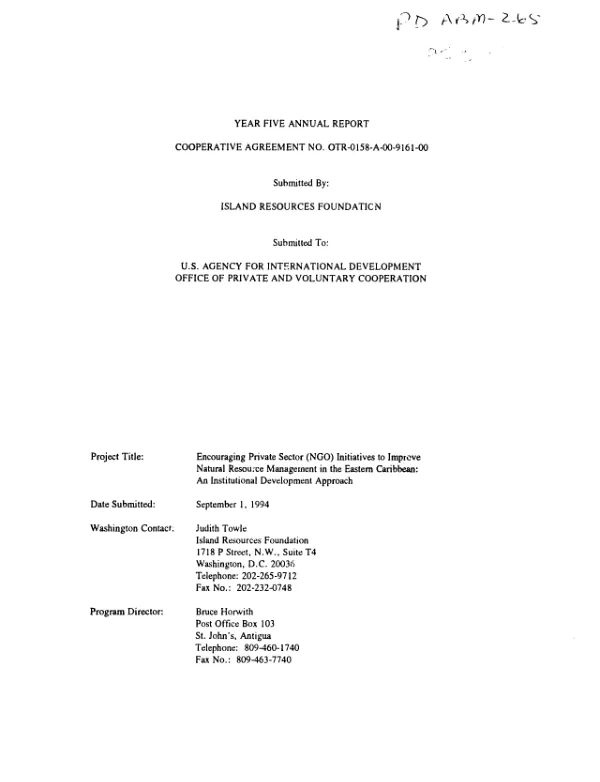 Year five annual report : cooperative agreement no. OTR-0158-A-00-9161-00 [-- Island Resources Foundation]