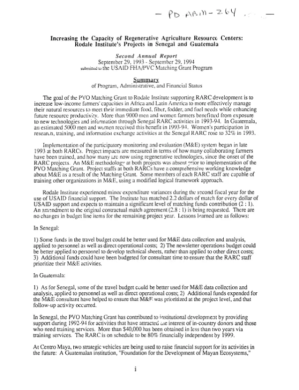 Increasing the capacity of regenerative agriculture resource centers : Rodale Institute"s projects in Senegal and Guatemala -- second annual report, September 29, 1993-September 29, 1994