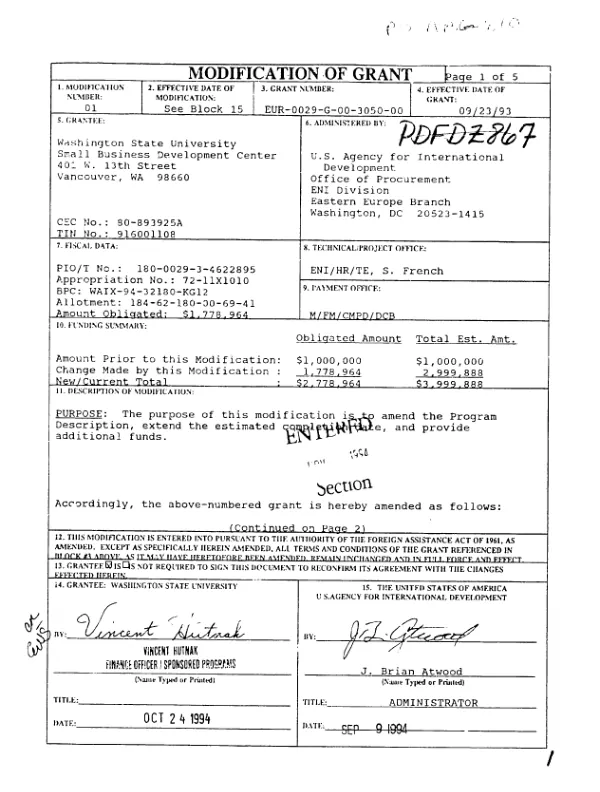 AID modification of grant no. EUR-0029-G-00-3050-00 to Washington State University for management training and economics education