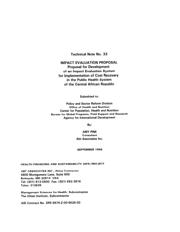 Impact evaluation proposal : proposal for development of an impact evaluation system for implementation of cost recovery in the public health system of the Central African Republic