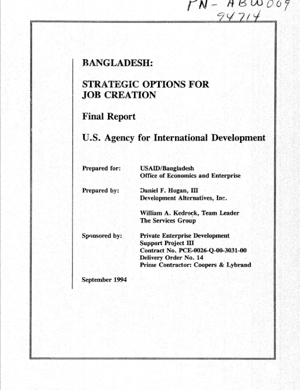 Bangladesh : strategic options for job creation -- final report