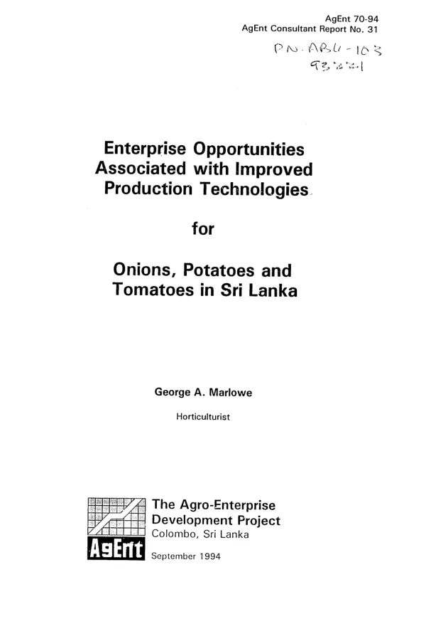 Enterprise opportunities associated with improved production technologies for onions, potatoes and tomatoes in Sri Lanka