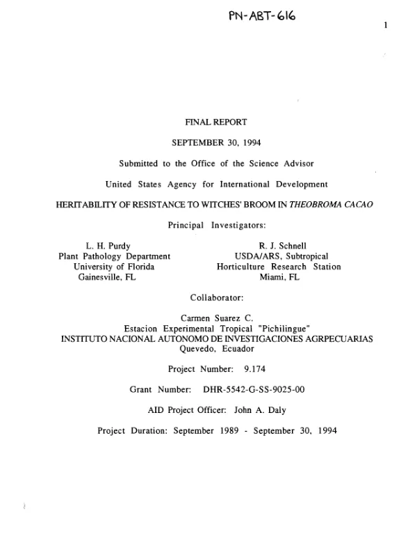 Final report : heritability of resistance to witches" broom in Theobroma cacao