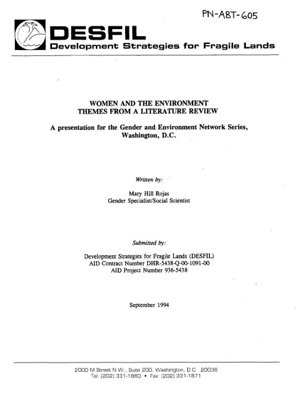 Women and the environment : themes from a literature review -- a presentation for the gender and environment network series, [February 1994], Washington, DC