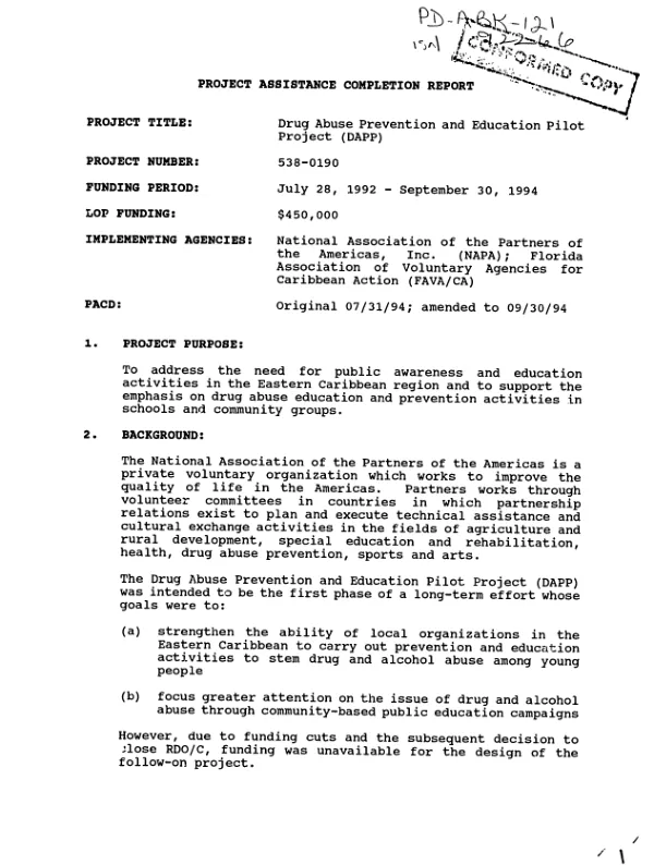 Project assistance completion report : drug abuse prevention and education pilot project (DAPP)