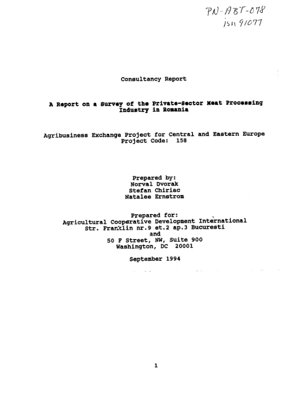 Report on a survey of the private-sector meat processing industry in Romania