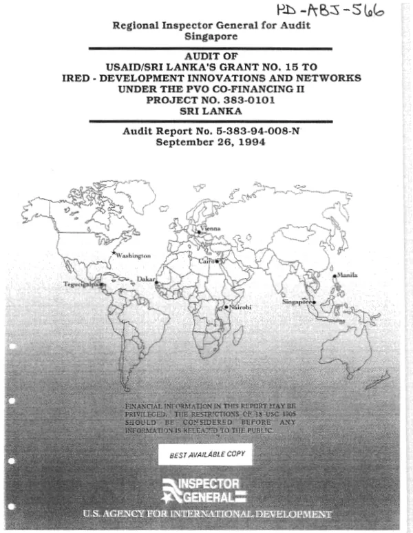 Audit of USAID/Sri Lanka"s grant no. 15 to IRED - Development Innovations and Networks under the PVO co-financing II project no. 383-0101, Sri Lanka