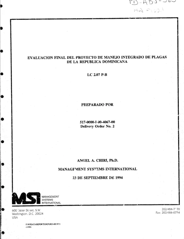 Evaluacion final del proyecto de manejo integrado de plagas de la Republica Dominicana