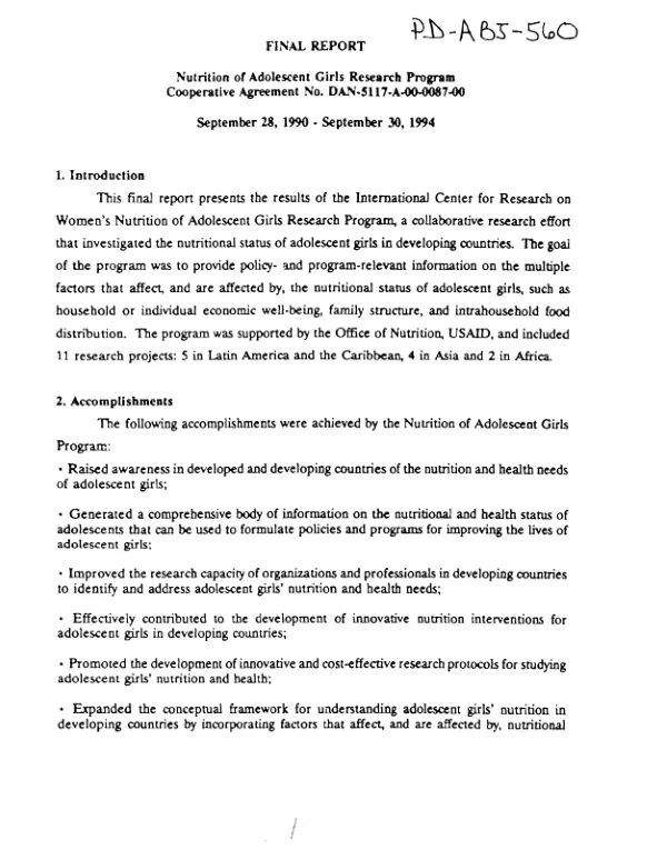 Final report : nutrition of adolescent girls research program, cooperative agreement no. DAN-5117-A-00-0087-00 -- September 28, 1990 - September 30, 1994