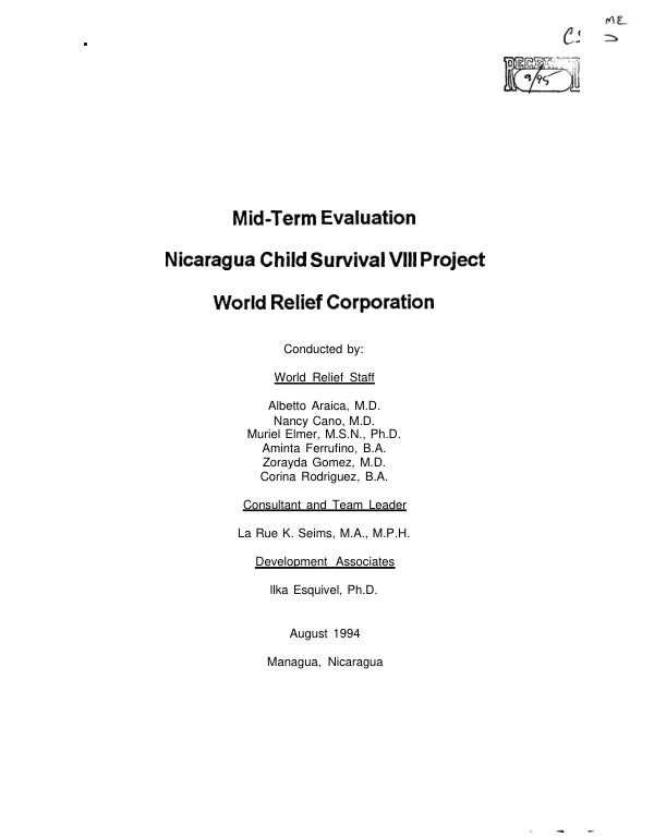 Mid-term evaluation : Nicaragua child survival VIII project -- World Relief Corporation