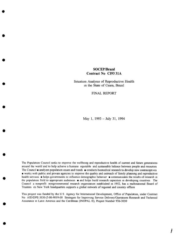 Situation analysis of reproductive health in the state of Ceara, Brazil : final report -- May 1, 1993-July 31, 1994