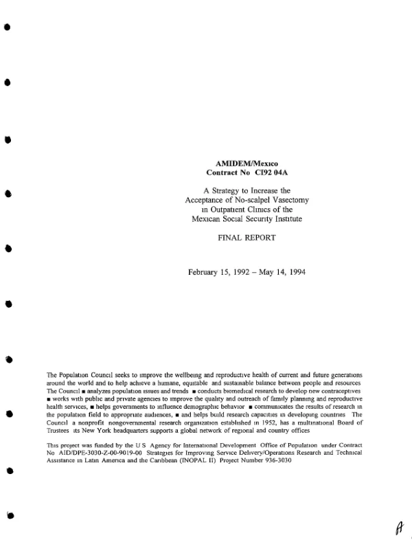 Strategy to increase the acceptance of no-scalpel vasectomy [NSV] in out-patient clinics of the Mexican Social Security Institute [IMSS] : final technical report -- February 15, 1992-May 14, 1994