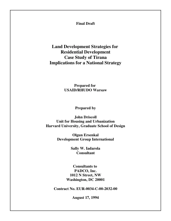 Final draft -- land development strategies for residential development : case study of Tirana -- implications for a national strategy
