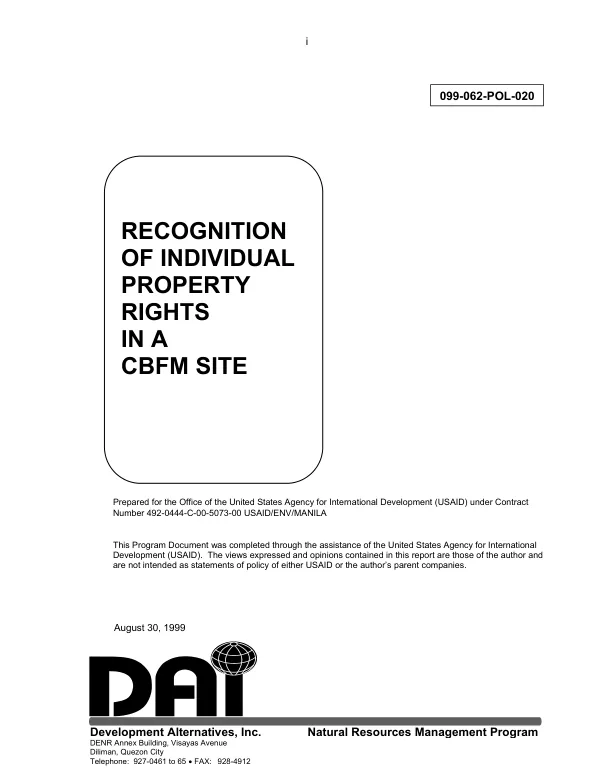 Recognition of individual property rights in a CBFM [community-based forest management] site : the case of Gadwen Highlanders multi-purpose cooperative in Galintuja, Dianawan, and Wenceslao, Maria Aurora, Aurora[, Philippines]