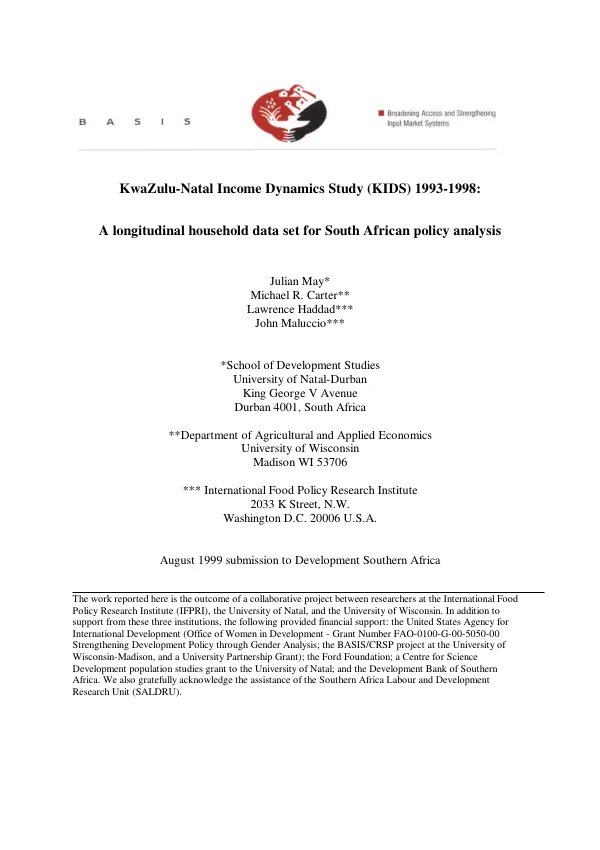 KwaZulu-Natal income dynamics study (KIDS) 1993-1998 : a longitudinal household data set for South African policy analysis