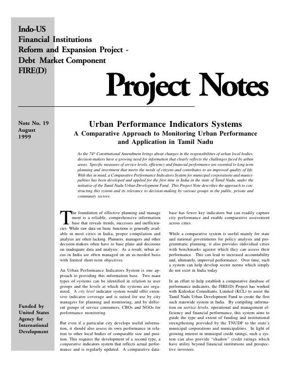 Urban performance indicators systems : a comparative approach to monitoring urban performance and application in Tamil Nadu