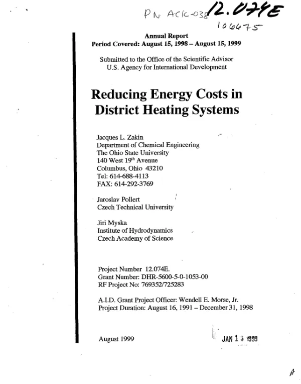 Annual report : period covered August 15, 1998-August 15, 1999 -- reducing energy costs in district heating systems