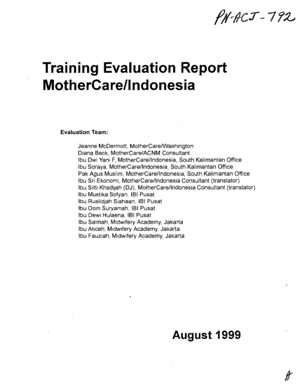 Training evaluation report : MotherCare/Indonesia